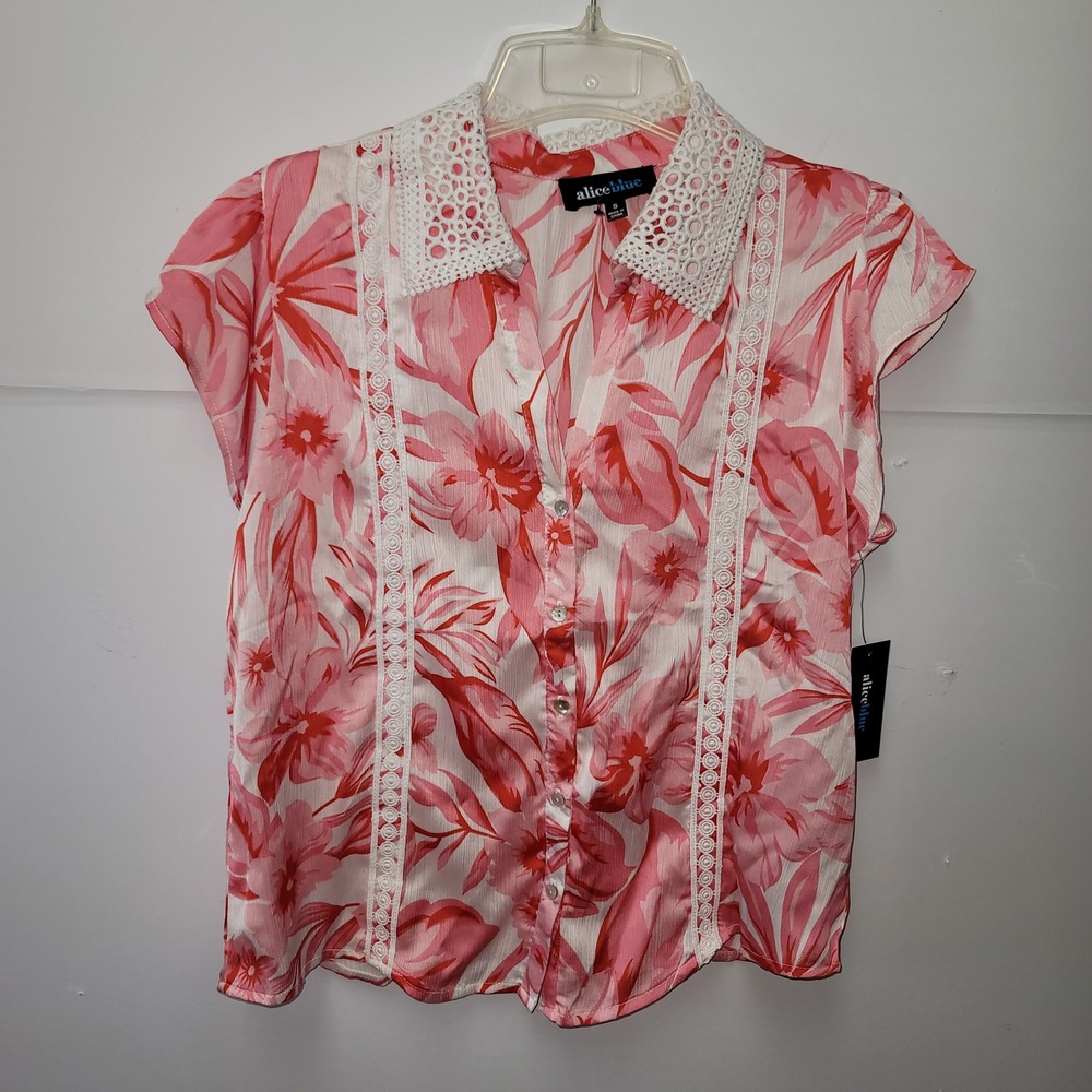 Alice Blue Floral Blouse Women Pink Lace Trim Crochet Collar Boho Chic Cottage S